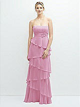 Front View Thumbnail - Powder Pink Strapless Asymmetrical Tiered Ruffle Chiffon Maxi Dress with Handworked Flower Detail