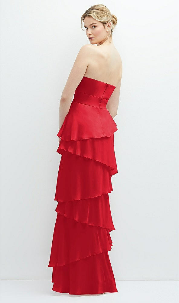 Back View - Parisian Red Strapless Asymmetrical Tiered Ruffle Chiffon Maxi Dress with Handworked Flower Detail