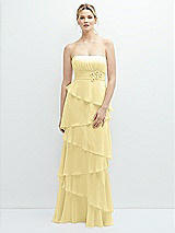 Front View Thumbnail - Pale Yellow Strapless Asymmetrical Tiered Ruffle Chiffon Maxi Dress with Handworked Flower Detail