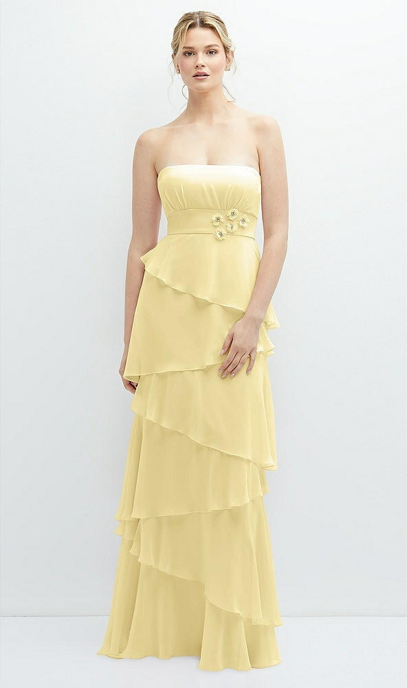 Front View - Pale Yellow Strapless Asymmetrical Tiered Ruffle Chiffon Maxi Dress with Handworked Flower Detail
