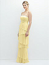 Side View Thumbnail - Pale Yellow Strapless Asymmetrical Tiered Ruffle Chiffon Maxi Dress with Handworked Flower Detail