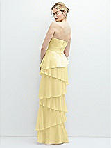 Rear View Thumbnail - Pale Yellow Strapless Asymmetrical Tiered Ruffle Chiffon Maxi Dress with Handworked Flower Detail