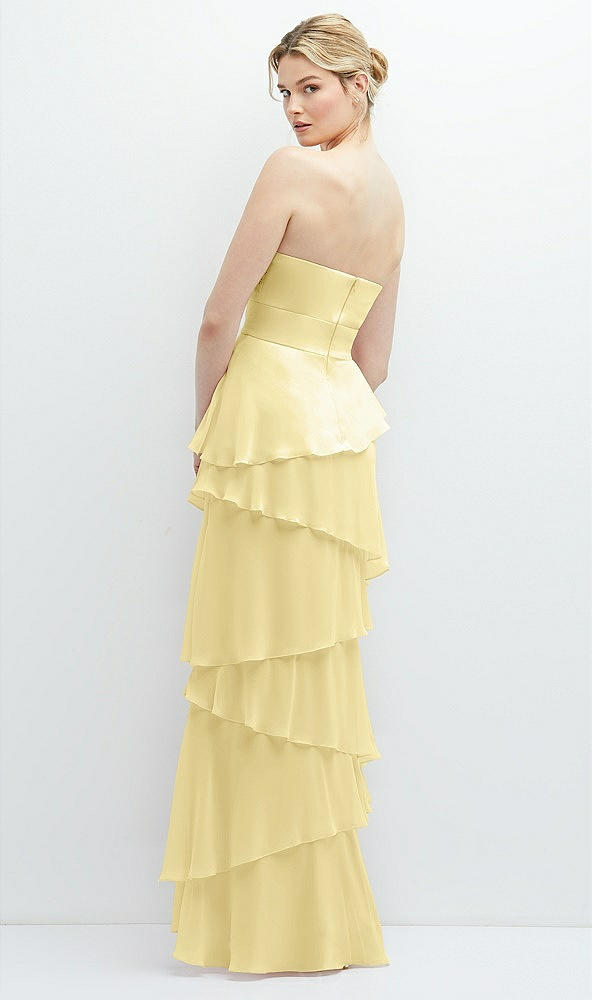 Back View - Pale Yellow Strapless Asymmetrical Tiered Ruffle Chiffon Maxi Dress with Handworked Flower Detail