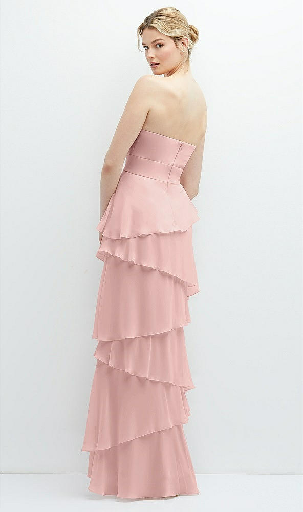 Back View - Rose - PANTONE Rose Quartz Strapless Asymmetrical Tiered Ruffle Chiffon Maxi Dress with Handworked Flower Detail