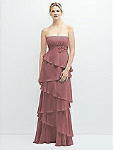 Front View Thumbnail - Rosewood Strapless Asymmetrical Tiered Ruffle Chiffon Maxi Dress with Handworked Flower Detail