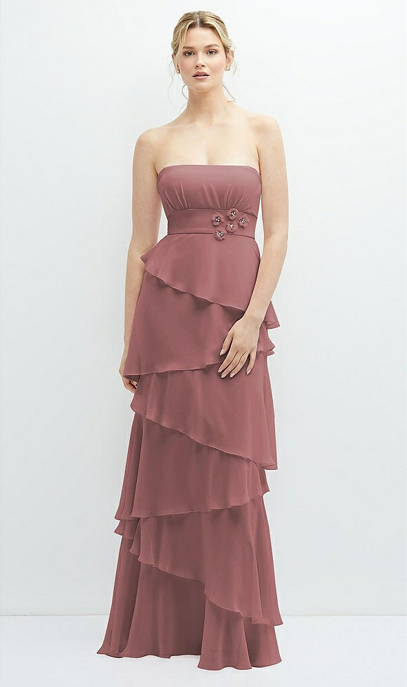 Front View - Rosewood Strapless Asymmetrical Tiered Ruffle Chiffon Maxi Dress with Handworked Flower Detail