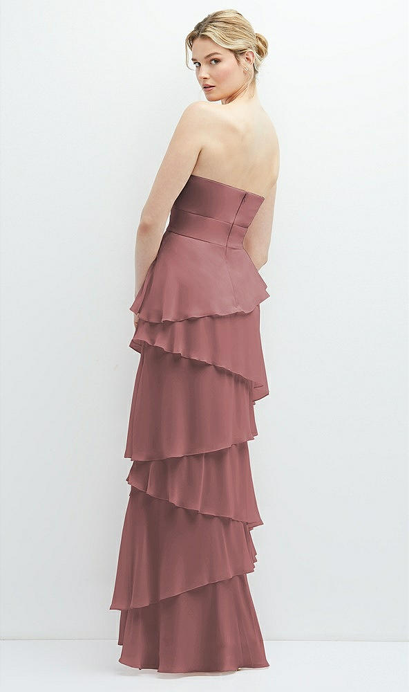 Back View - Rosewood Strapless Asymmetrical Tiered Ruffle Chiffon Maxi Dress with Handworked Flower Detail