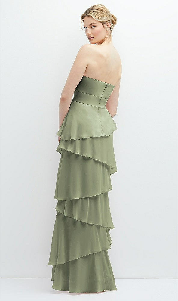 Back View - Sage Strapless Asymmetrical Tiered Ruffle Chiffon Maxi Dress with Handworked Flower Detail
