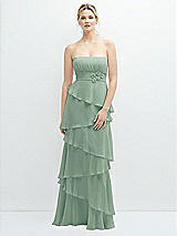 Front View Thumbnail - Seagrass Strapless Asymmetrical Tiered Ruffle Chiffon Maxi Dress with Handworked Flower Detail
