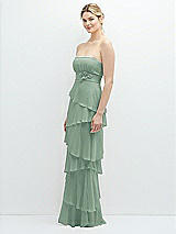 Side View Thumbnail - Seagrass Strapless Asymmetrical Tiered Ruffle Chiffon Maxi Dress with Handworked Flower Detail