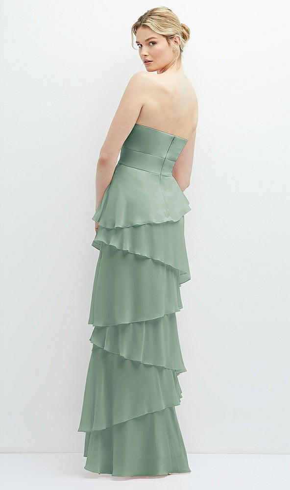 Back View - Seagrass Strapless Asymmetrical Tiered Ruffle Chiffon Maxi Dress with Handworked Flower Detail