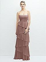 Front View Thumbnail - Sienna Strapless Asymmetrical Tiered Ruffle Chiffon Maxi Dress with Handworked Flower Detail