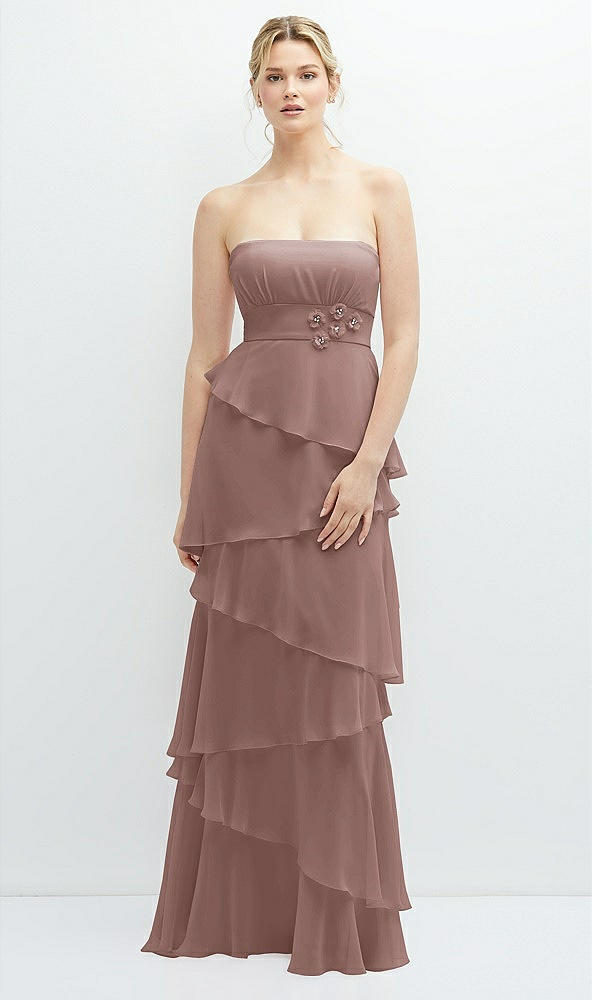 Front View - Sienna Strapless Asymmetrical Tiered Ruffle Chiffon Maxi Dress with Handworked Flower Detail