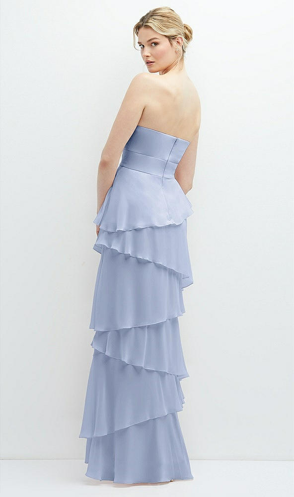 Back View - Sky Blue Strapless Asymmetrical Tiered Ruffle Chiffon Maxi Dress with Handworked Flower Detail