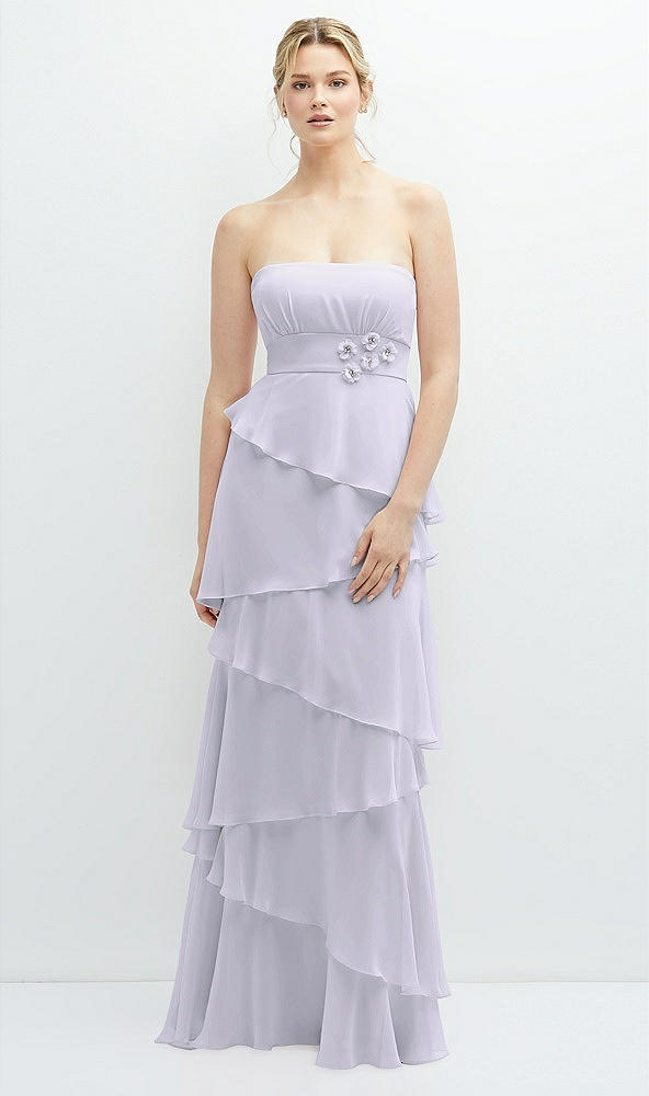 Front View - Silver Dove Strapless Asymmetrical Tiered Ruffle Chiffon Maxi Dress with Handworked Flower Detail