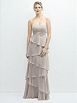 Front View Thumbnail - Taupe Strapless Asymmetrical Tiered Ruffle Chiffon Maxi Dress with Handworked Flower Detail