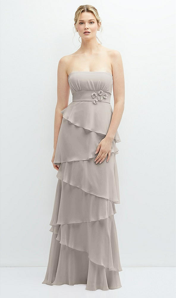 Front View - Taupe Strapless Asymmetrical Tiered Ruffle Chiffon Maxi Dress with Handworked Flower Detail