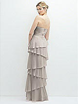 Rear View Thumbnail - Taupe Strapless Asymmetrical Tiered Ruffle Chiffon Maxi Dress with Handworked Flower Detail