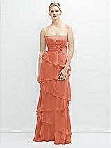 Front View Thumbnail - Terracotta Copper Strapless Asymmetrical Tiered Ruffle Chiffon Maxi Dress with Handworked Flower Detail