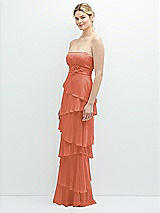 Side View Thumbnail - Terracotta Copper Strapless Asymmetrical Tiered Ruffle Chiffon Maxi Dress with Handworked Flower Detail
