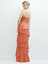 Rear View Thumbnail - Terracotta Copper Strapless Asymmetrical Tiered Ruffle Chiffon Maxi Dress with Handworked Flower Detail