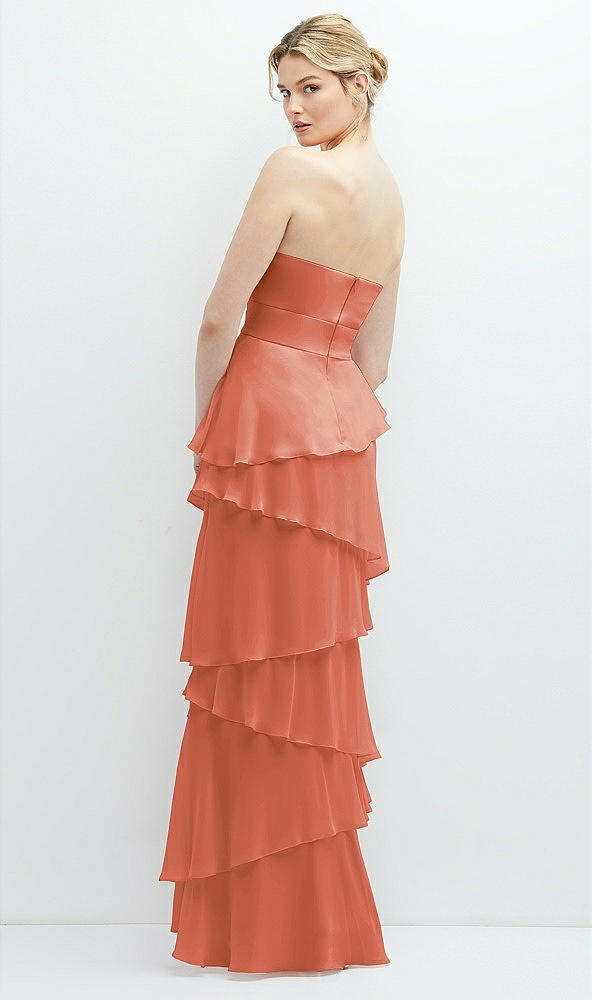 Back View - Terracotta Copper Strapless Asymmetrical Tiered Ruffle Chiffon Maxi Dress with Handworked Flower Detail