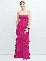 Front View Thumbnail - Think Pink Strapless Asymmetrical Tiered Ruffle Chiffon Maxi Dress with Handworked Flower Detail