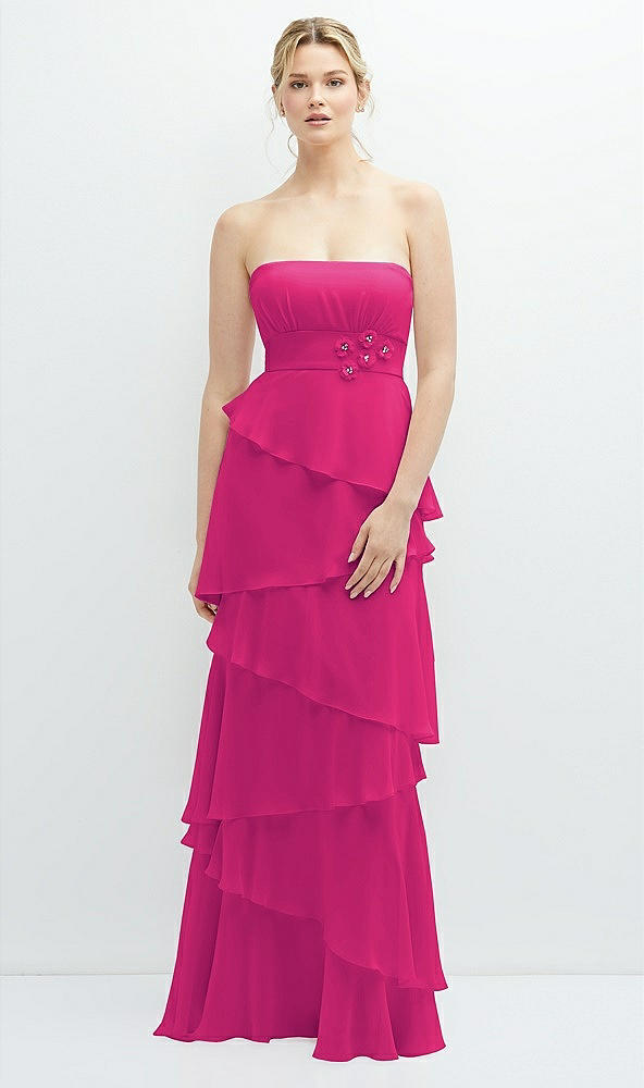 Front View - Think Pink Strapless Asymmetrical Tiered Ruffle Chiffon Maxi Dress with Handworked Flower Detail