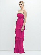 Side View Thumbnail - Think Pink Strapless Asymmetrical Tiered Ruffle Chiffon Maxi Dress with Handworked Flower Detail