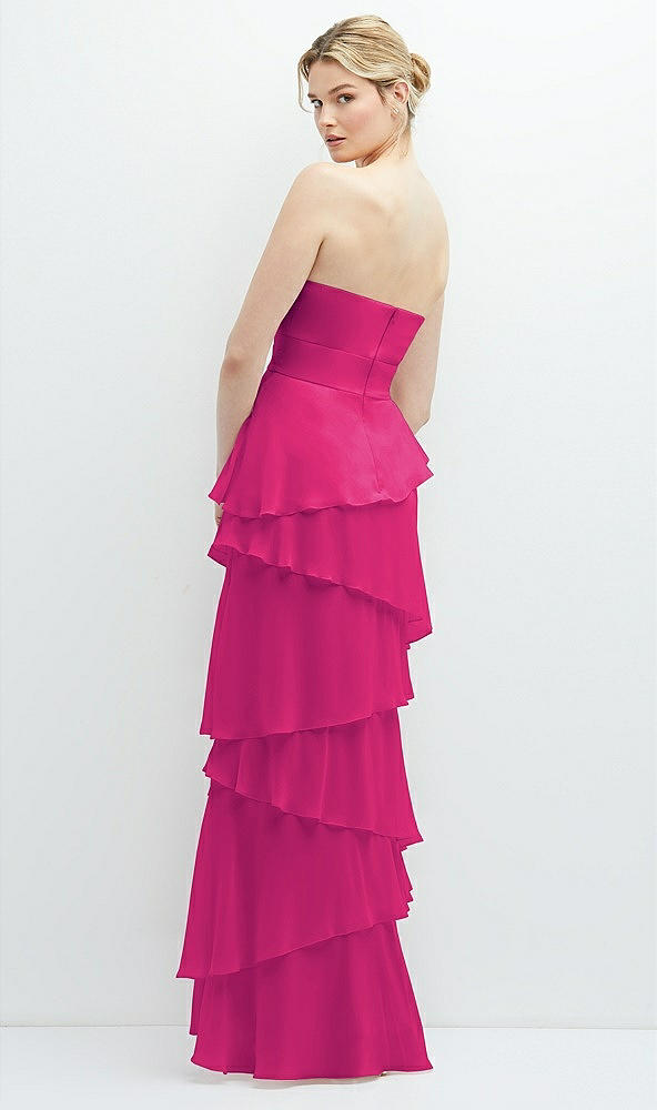 Back View - Think Pink Strapless Asymmetrical Tiered Ruffle Chiffon Maxi Dress with Handworked Flower Detail