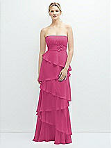 Front View Thumbnail - Tea Rose Strapless Asymmetrical Tiered Ruffle Chiffon Maxi Dress with Handworked Flower Detail