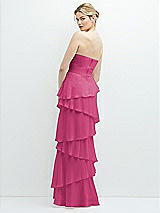 Rear View Thumbnail - Tea Rose Strapless Asymmetrical Tiered Ruffle Chiffon Maxi Dress with Handworked Flower Detail