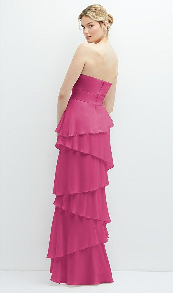 Back View - Tea Rose Strapless Asymmetrical Tiered Ruffle Chiffon Maxi Dress with Handworked Flower Detail