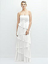 Front View Thumbnail - White Strapless Asymmetrical Tiered Ruffle Chiffon Maxi Dress with Handworked Flower Detail