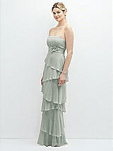 Side View Thumbnail - Willow Green Strapless Asymmetrical Tiered Ruffle Chiffon Maxi Dress with Handworked Flower Detail