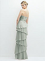 Rear View Thumbnail - Willow Green Strapless Asymmetrical Tiered Ruffle Chiffon Maxi Dress with Handworked Flower Detail