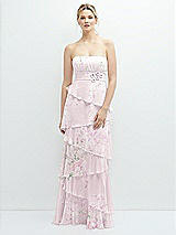 Front View Thumbnail - Watercolor Print Strapless Asymmetrical Tiered Ruffle Chiffon Maxi Dress with Handworked Flower Detail
