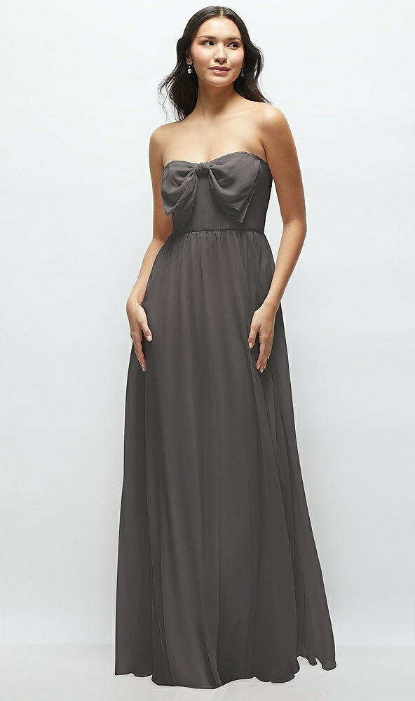 Front View - Caviar Gray Strapless Chiffon Maxi Dress with Oversized Bow Bodice