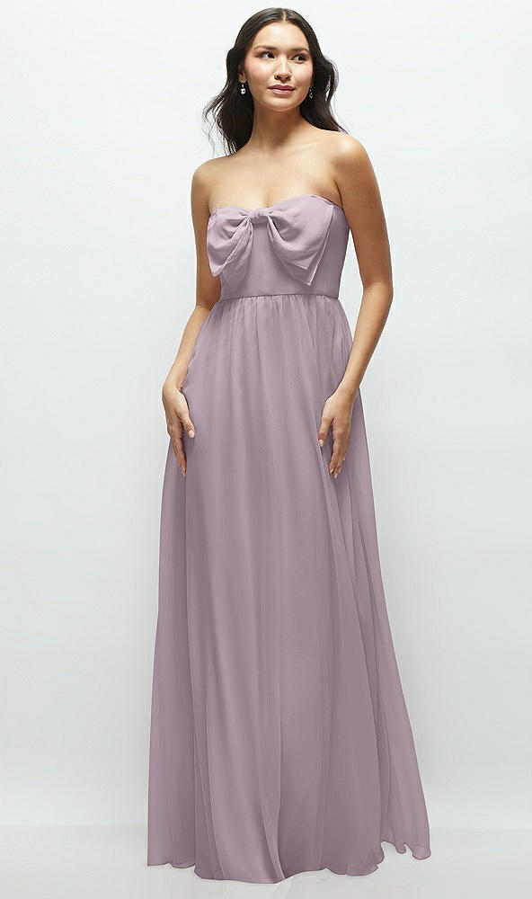 Front View - Lilac Dusk Strapless Chiffon Maxi Dress with Oversized Bow Bodice