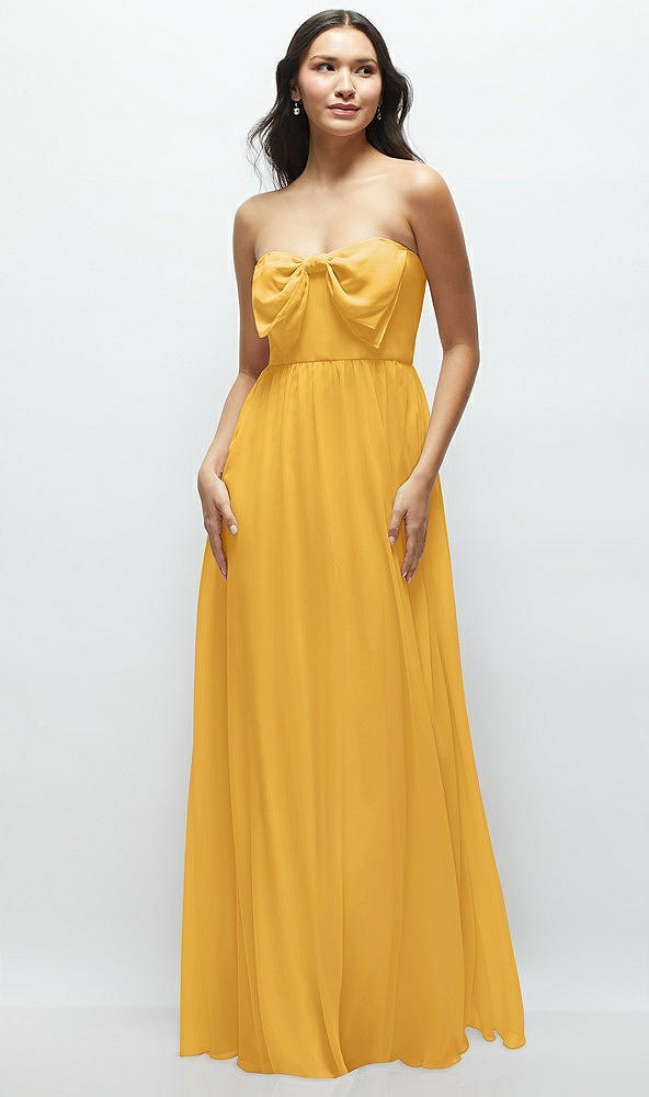 Front View - NYC Yellow Strapless Chiffon Maxi Dress with Oversized Bow Bodice