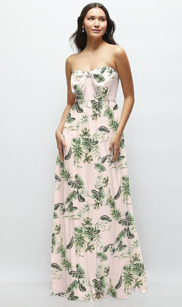 Front View - Palm Beach Print Strapless Chiffon Maxi Dress with Oversized Bow Bodice