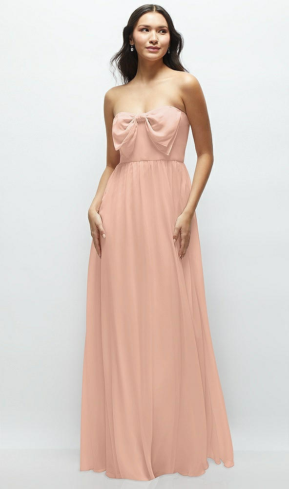 Front View - Pale Peach Strapless Chiffon Maxi Dress with Oversized Bow Bodice
