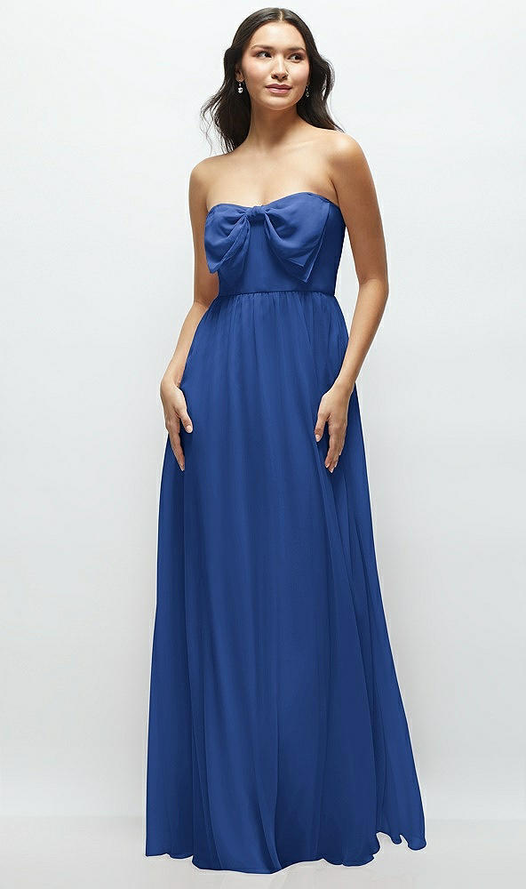 Front View - Classic Blue Strapless Chiffon Maxi Dress with Oversized Bow Bodice