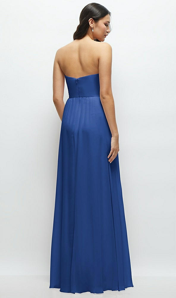 Back View - Classic Blue Strapless Chiffon Maxi Dress with Oversized Bow Bodice