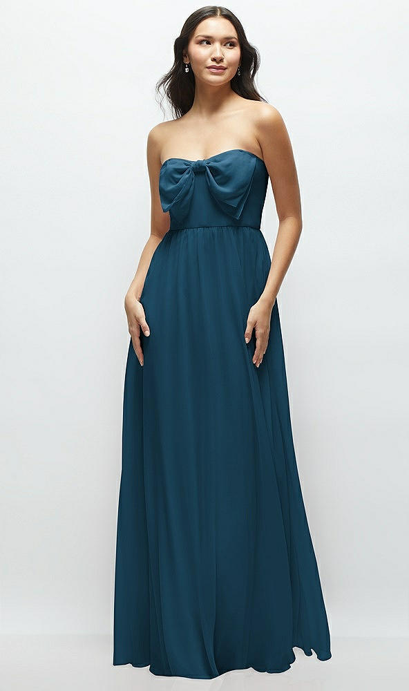 Front View - Atlantic Blue Strapless Chiffon Maxi Dress with Oversized Bow Bodice