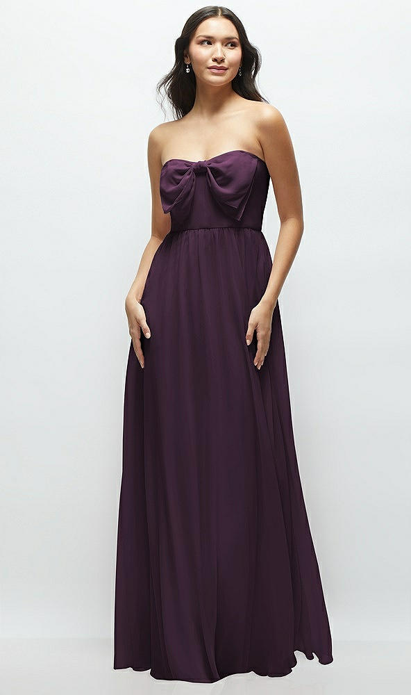 Front View - Aubergine Strapless Chiffon Maxi Dress with Oversized Bow Bodice