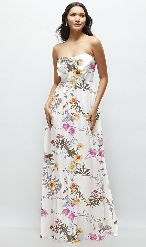 Front View - Butterfly Botanica Ivory Strapless Chiffon Maxi Dress with Oversized Bow Bodice