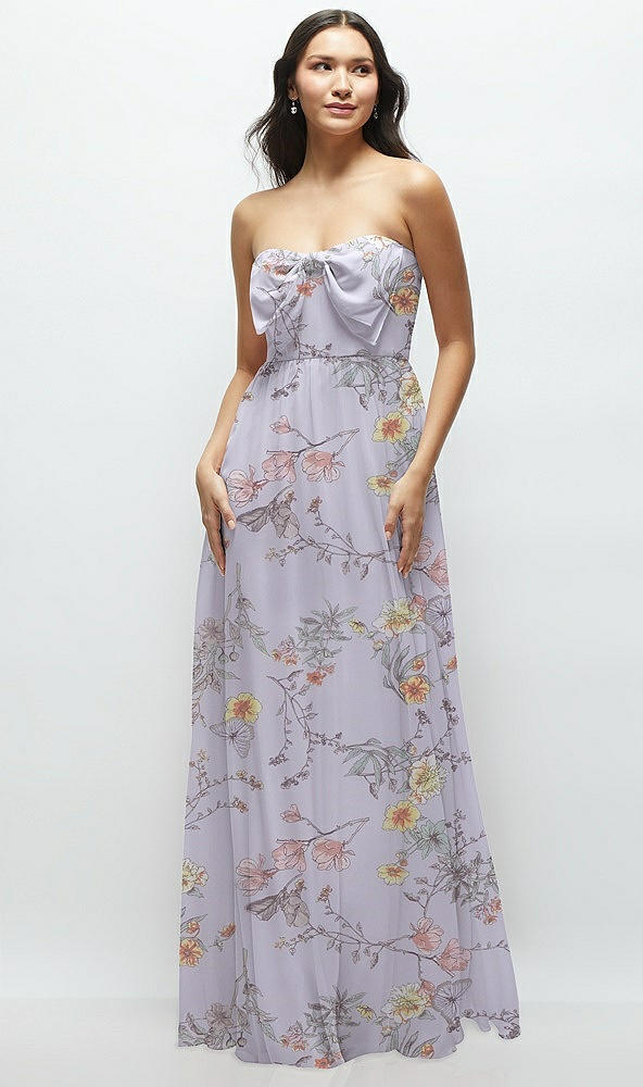 Front View - Butterfly Botanica Silver Dove Strapless Chiffon Maxi Dress with Oversized Bow Bodice