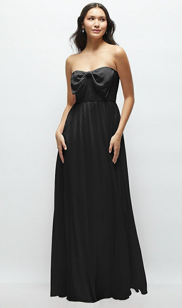 Front View - Black Strapless Chiffon Maxi Dress with Oversized Bow Bodice