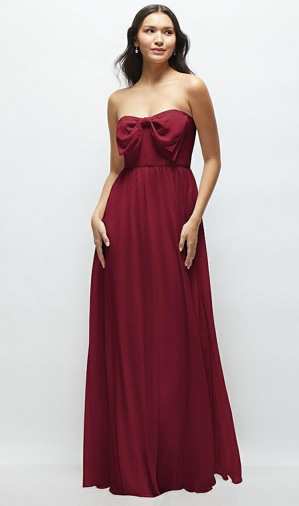 Front View - Burgundy Strapless Chiffon Maxi Dress with Oversized Bow Bodice